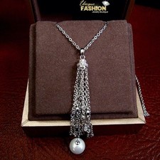 18k White Gold Plated Long Tassel Necklace made w Swarovski Crystal FWP Bridal
