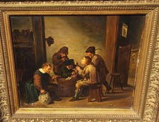 Antique Signed Painting. Genre scene.  Oil painting on wood panel. XIX°