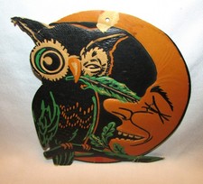 Antique Halloween Embossed Die Cut Beistle Winking Owl Tickling Moon w/ Feather