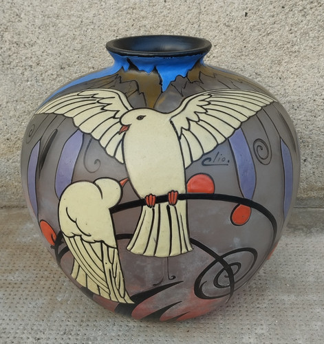 Vase verre émaillé signé - vase,