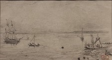 Dessin au crayon par Paul Huet (1803-1869) : Honfleur, sortie des barques  1828