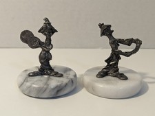 Vintage Pewter Hobo Clown Figurines Playing Instruments, On White  Marble Base.