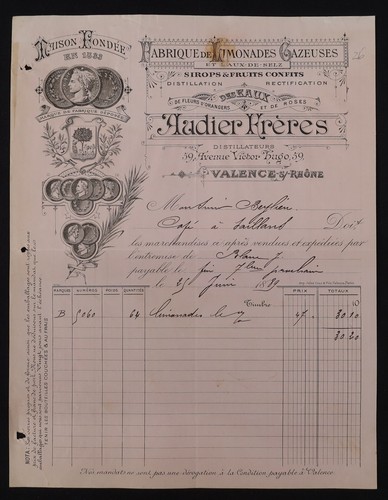 Facture valence 1889 limonade - facture,