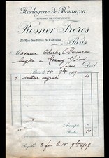 PARIS (III°) HORLOGERIE de BESANCON "ROSNER Frères" Facture en 1909
