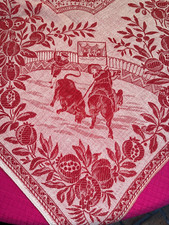 Antique Red Damask Tablecloth Bullfighting Theme 156cm x 144cm