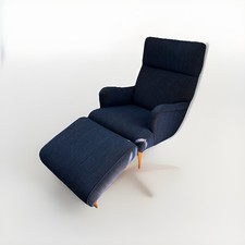 Vintage Mid Century High Back Lounge Chair+Ottoman Blue Tufted Arm Chair 1960s