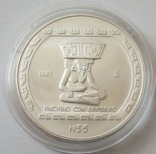 Mexico 5 Nuevos Pesos 1993 Pre-Columbian Era Anciano con Brasero 1 Oz Silver