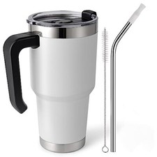EQARD Mug Isotherme Cafe avec Paille Poignée Tasse de Voyage avec Couvercle étan