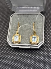 Ancienne Boucles D’oreilles En Plaqué Or Dormeuse Années 1930/40 Pierre Bleue