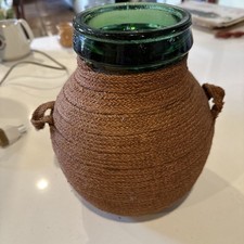 Vintage Viresa Wrapped Green Glass Vase Encased Planter 10" Decorative 