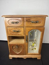 Vintage Wooden Armoire Jewelry Box Chest Enamel Painted Flowers 14"