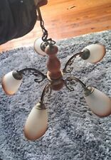 lustre tulipes 5 Branches Bois/laiton Vintage
