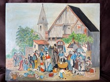 Oil painting on canvas marouflé panel R. Debeaumont (early 20th century) animated scene