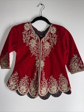 Karakou Children’s Girl’s Red Velvet Gold Embroidered Jacket AS-IS Unlined L