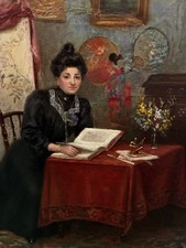 Tableau peinture ancienne, Scène d’intérieur Signé Masure 1908