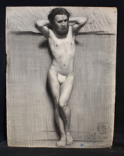 Antique Academic Nude Man Pencil Painting Signed Gaston Hoffmann 19th Century