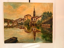 Ancien Tableau Peinture Huile Toile Lin Rivière Eglise Village Pont Signé DOUEZ