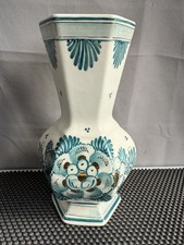 Hand Painted Delft Vase: Vintage Green Floral, Gold Detail 