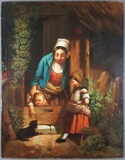 Antique Painting "Mother with Children" Oil Painting Antique Old Painting Dog