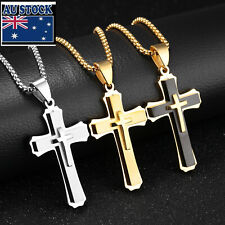 Real Stainless Steel Gold Silver Black 3 Layer Cross Pendant Pray Chain Necklace