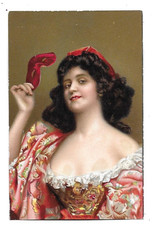 Old postcard portrait of beautiful women at ball masked with wolf