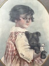 Tableau & Dessin Aquarelle Jeune Fille Au Chien Signé Riou 1923 Painting