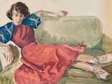 Beautiful gouache painting woman paper 1950 portrait sofa drawing art antique deco