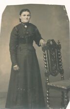 Photo Card Woman Standing With Black Dress Antique Chair Woman Jewelry Ring 