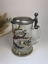 Large Glass Beer Mug - Floral & Bird Decoration - Floor Lid
