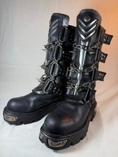 NEW ROCK BLACK LEATHER SKULL FLAME REACTOR BOOTS MENS EU 44 US 10 RARE 1H
