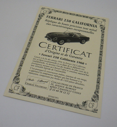 Certificat ferrari california - certificat,