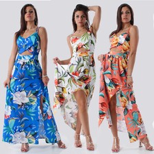 Robe Longue Femme Florale Sexy Buste Cut Out Fente Double Bretelle Fine
