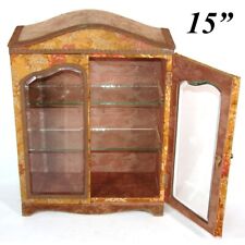 Antique French 15" Miniature Bru Doll Size Armoire, Embroidered Vitrine, Beveled