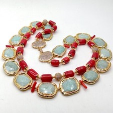 2 Strands Red Coral Green Amazonite Necklace Cubic Zirconia Pave Clasp 21"