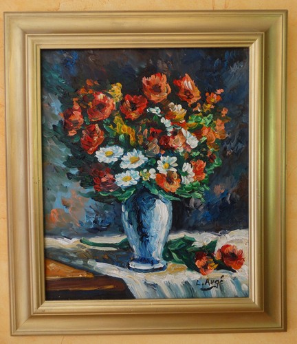 Fleurs dans vase huile - "fleurs, vase",
