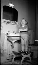Portrait Little Girl Bathroom Sink - Old Photo Negative Year. 1920 30