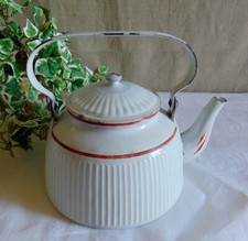 OLD ENAMELED CANVAS KETTLE WHITE DECOR AND RED BORDERS BB
