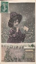 CP GOOD YEAR WOMAN ELEGANT HAT NEAR MAILBOX UNDER SNOW