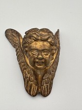 Ancien parement mural portrait d'ange aillé en bronze doré 19 ème