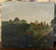 Oil on canvas folk art French school 18th-19th century family on their farm