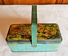 ANCIEN PANIER A GOUTER EN TOLE LITHOGRAPHIEE DECOR PIQUE NIQUE PECHE SIGNE BOZZ