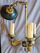 Petit lustre 3 feux  à cols de cygne bronze doré et tôle laqué vert style Empire