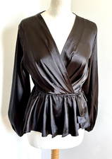 chemisier T36 satin noir fluide et doux cache coeur manche longue haut top 188!