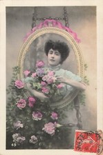 CP ELEGANT WOMAN PORTRAIT EASEL WITH ROSES FLOWERS