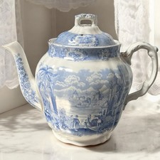 Antique Staffordshire Blue Transferware Oriental Teapot Coffeepot W. Ridgway 7.5