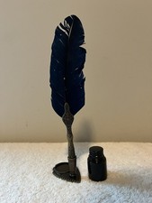 Retro Brass Handle Blue Gold Feather Calligraphy Carving Dip Pen & Stand