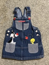 Vintage Looney Tunes Tweety Bird Apple Pickin Denim Overalls Dress 3T Sylvester
