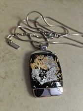 Signed Spoutnik Art Glass Pendant Long Necklace Abstract Gold & Silver Specs 