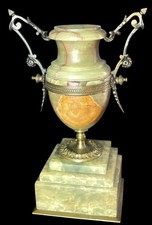 Antique Heavy French Onyx And Brass Twin Handled Urn Vase Garniture