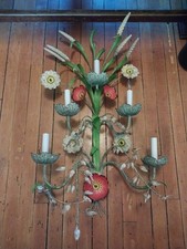 5 light Wheat Large 34" Vtg Italian Enamel  Floral Rewired Tole Wall Sconce